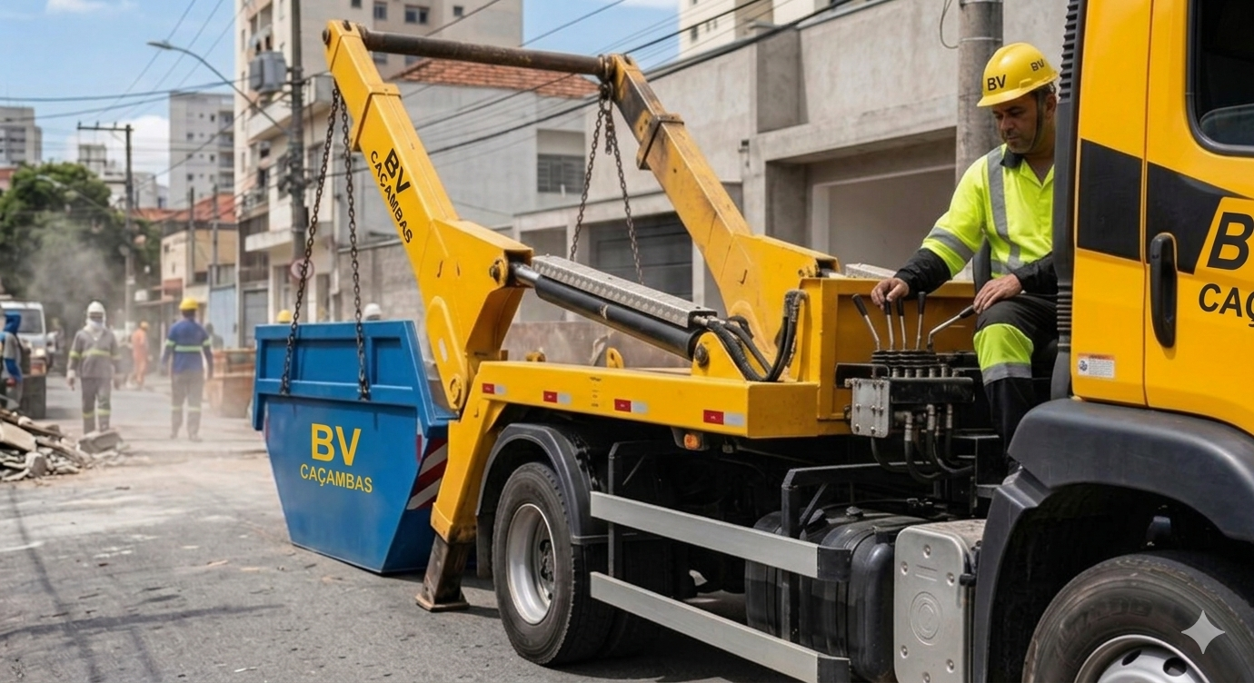 Caminhão BV Caçambas recolhendo entulho de obra